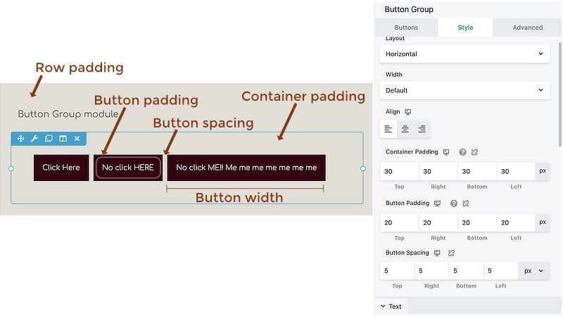 Button group padding, spacing, and width