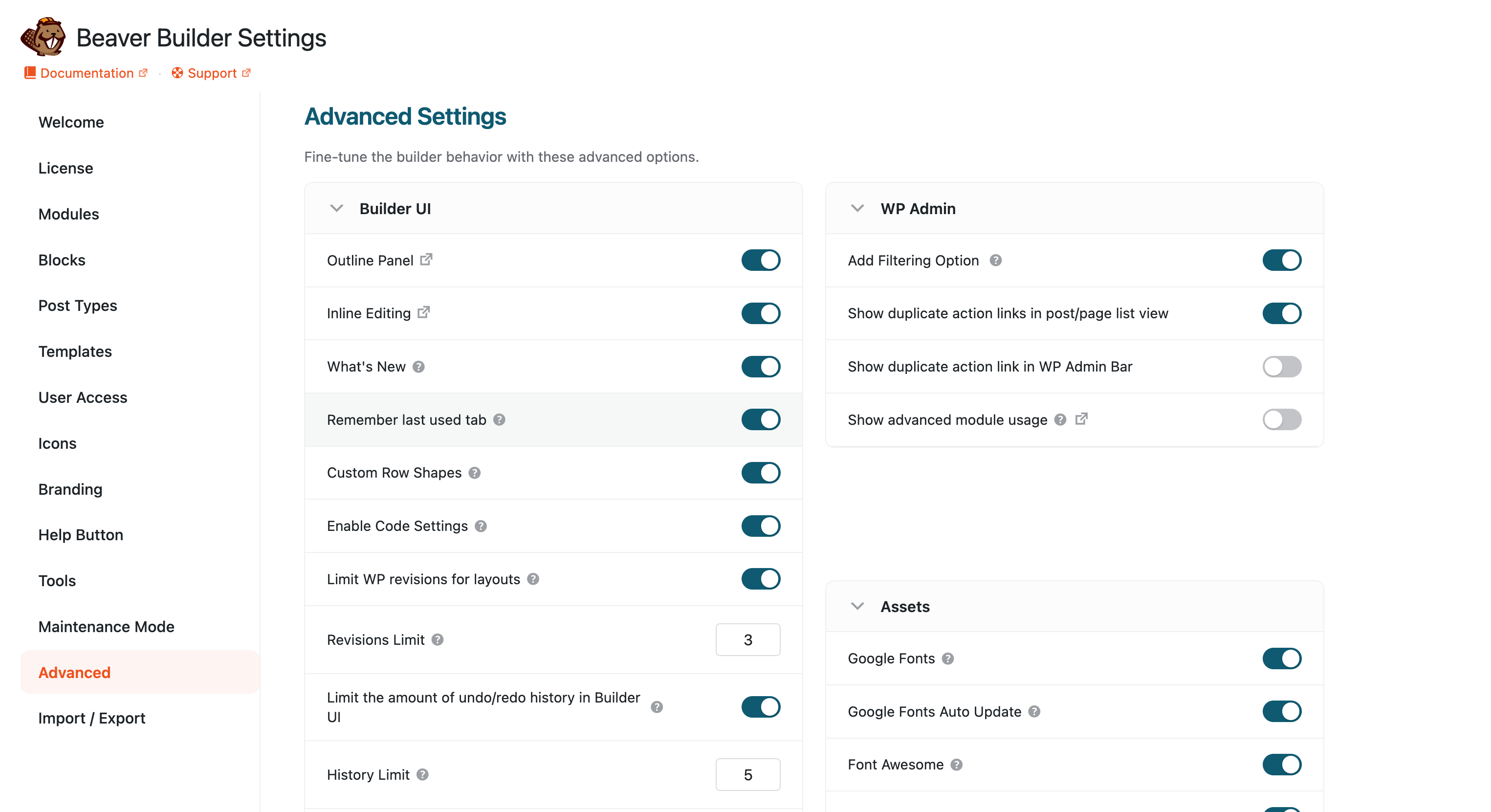 Beaver Builder Advanced settings
