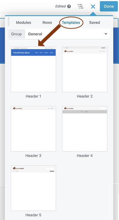 Screenshot of all Themer Header layout templates