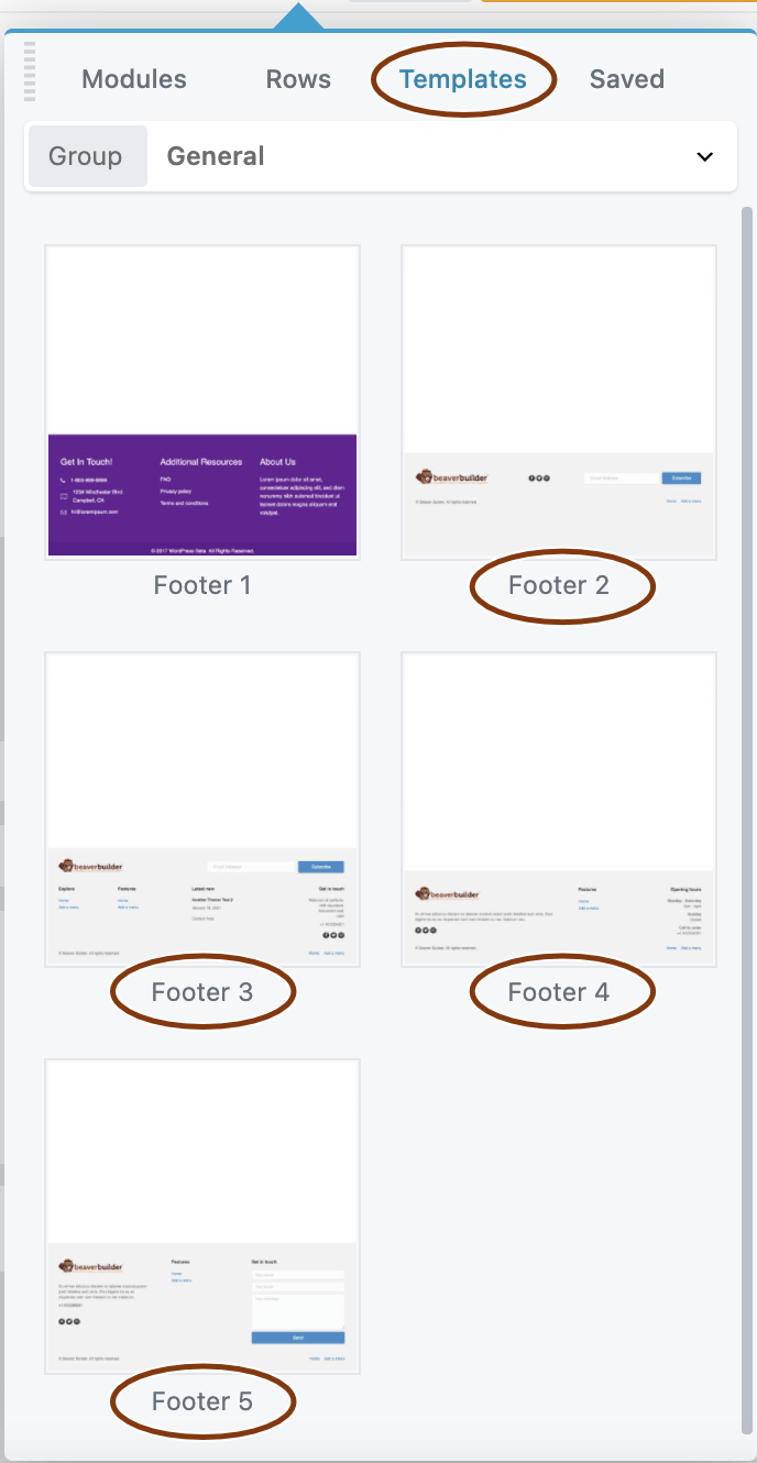 Footer Themer layout templates in the Content panel
